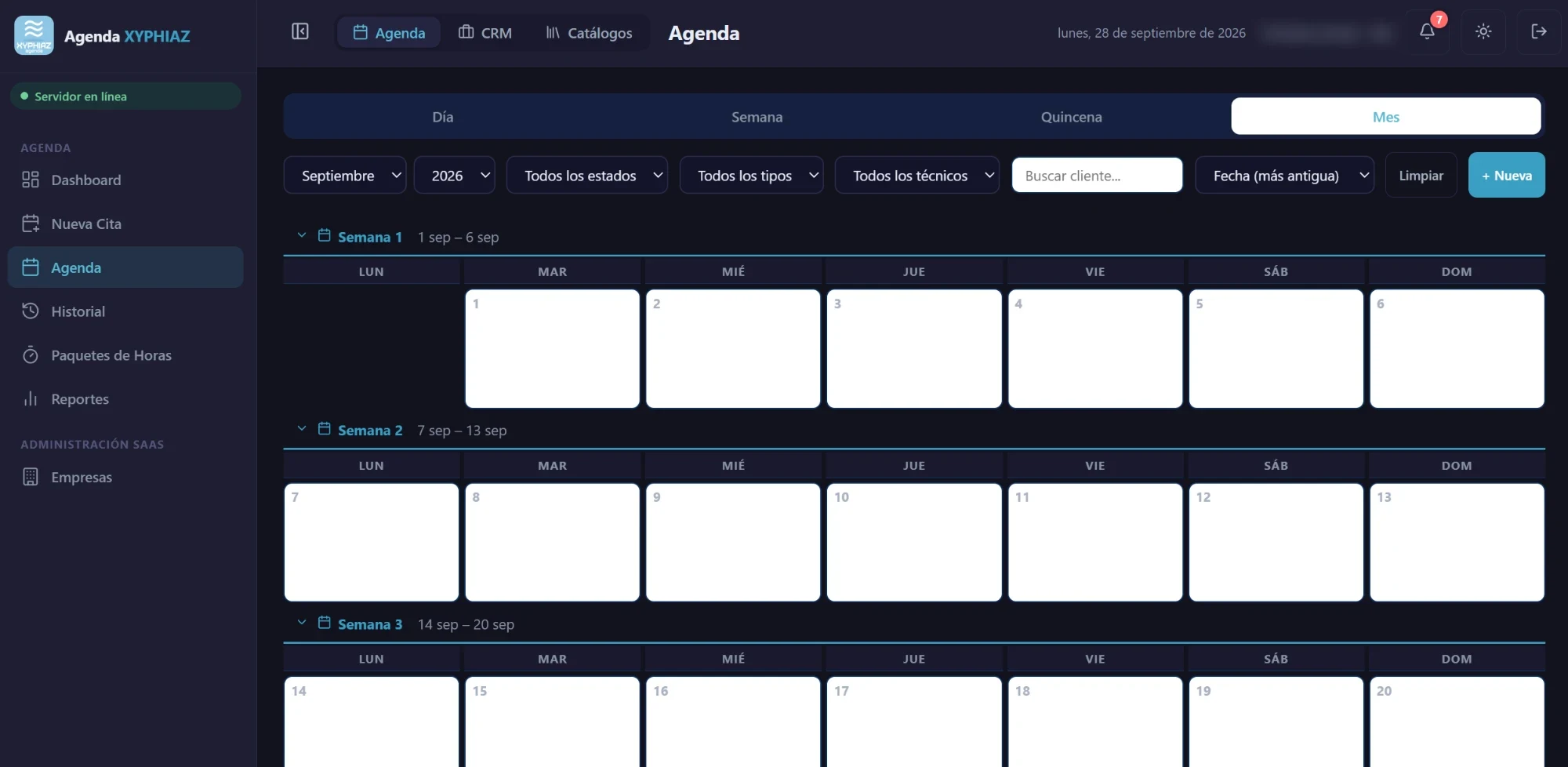 Calendario mensual del CRM con filtros por estado, tipo y técnico