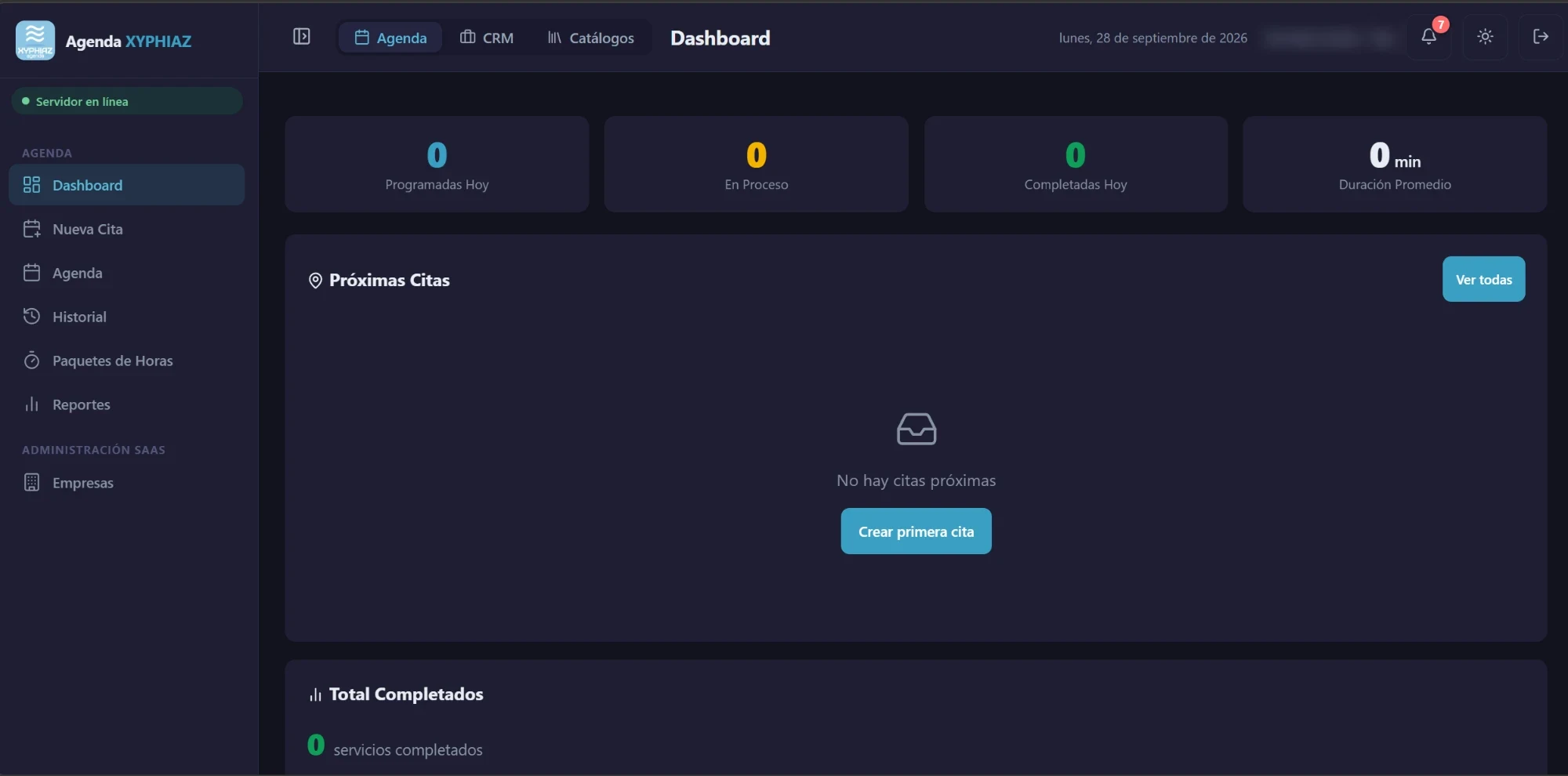 Dashboard del CRM con citas programadas, en proceso y completadas