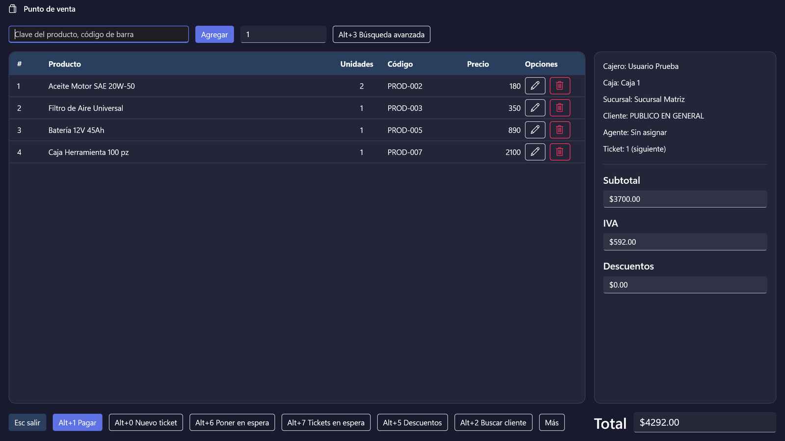Punto de venta de Mysis con cuatro productos en el ticket, en modo oscuro