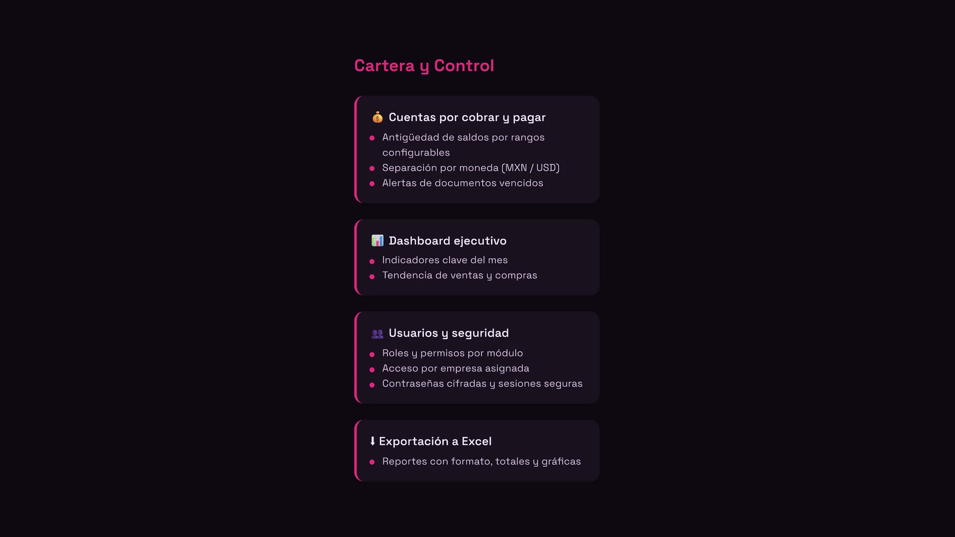 Módulos de cuentas por cobrar y pagar, dashboard, usuarios y exportación a Excel