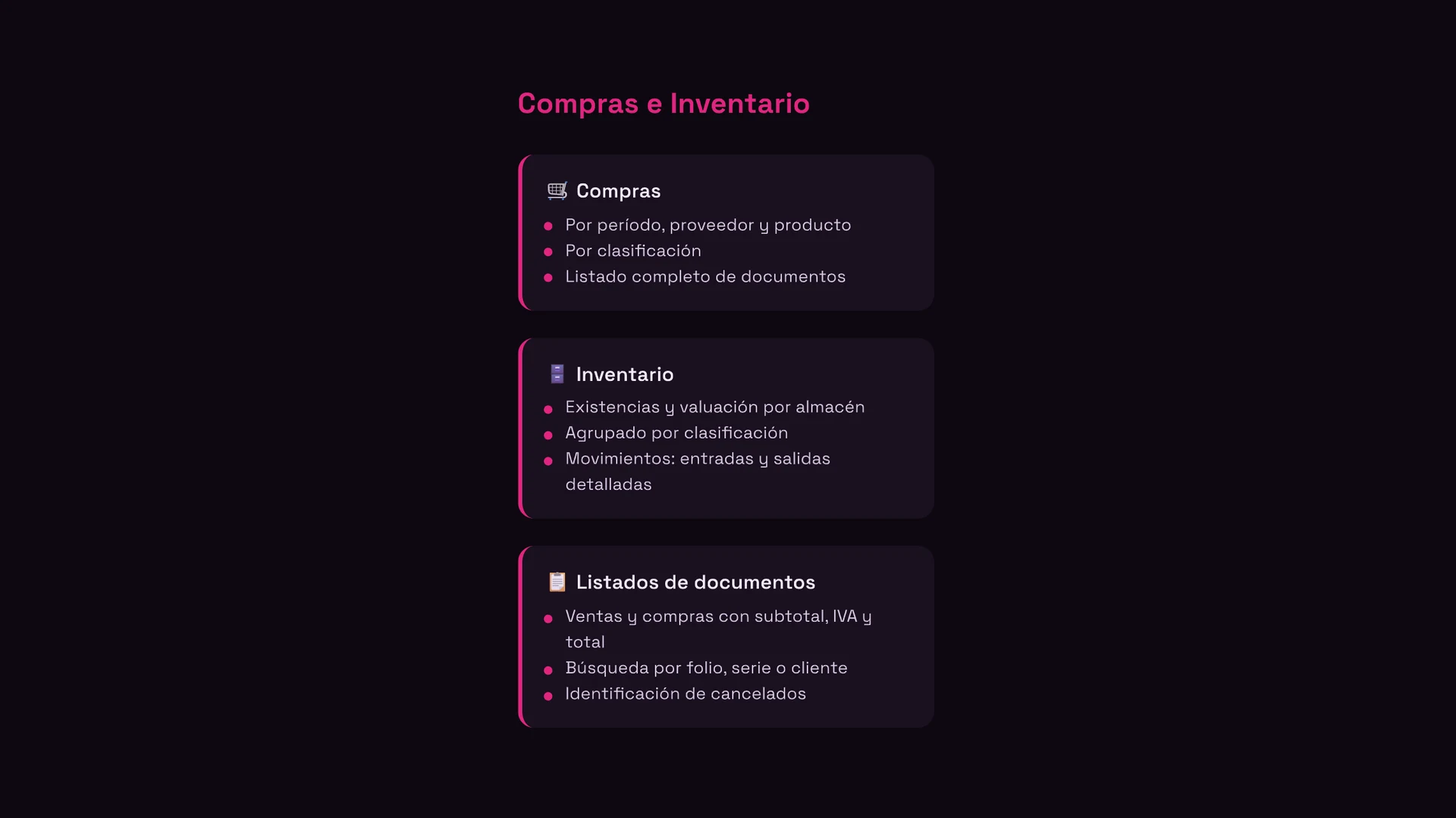 Módulos de compras, inventario y listados de documentos
