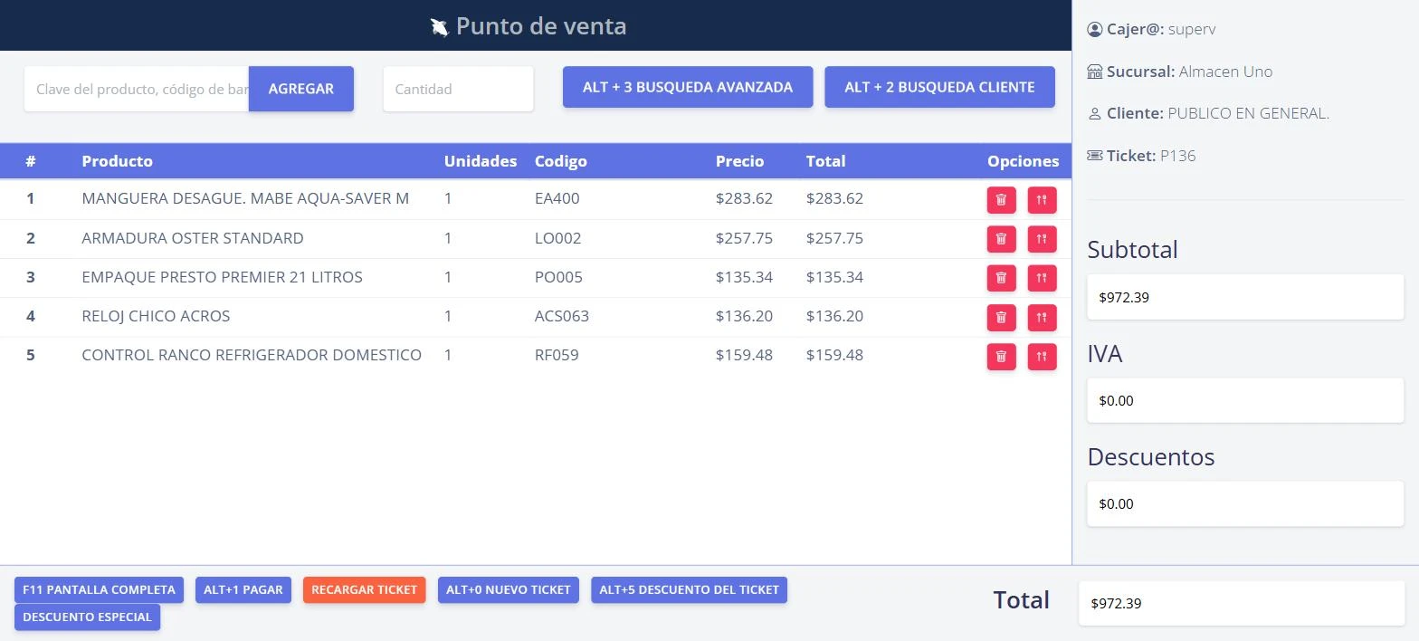 Punto de venta de Xiphias con cinco productos en el ticket y el total